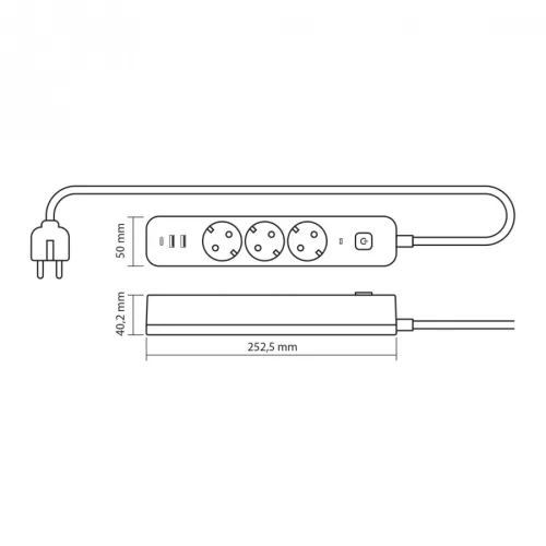 Oncord Professzionális 3-as Hosszabbító Kapcsolóval 2xUSB-A és 1xUSB-C Csatlakozóval 3 Méter Kábel 230V Max. 3680W 16A IP20 – Videx