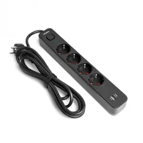   Oncord Professzionális 4-es Hosszabbító Kapcsolóval USB-A és USB-C Csatlakozóval 3 Méter Kábel Fekete 230V Max. 3680W 16A IP20 – Videx