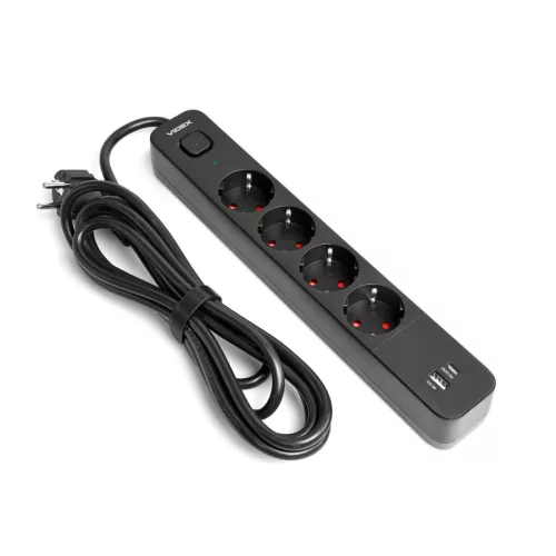 Oncord Professzionális 4-es Hosszabbító Kapcsolóval USB-A és USB-C Csatlakozóval 3 Méter Kábel Fekete 230V Max. 3680W 16A IP20 – Videx