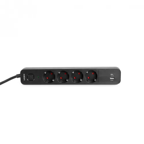 Oncord Professzionális 4-es Hosszabbító Kapcsolóval USB-A és USB-C Csatlakozóval 3 Méter Kábel Fekete 230V Max. 3680W 16A IP20 – Videx