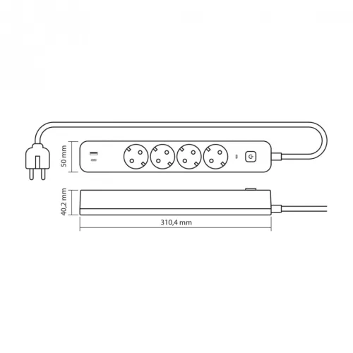 Oncord Professzionális 4-es Hosszabbító Kapcsolóval USB-A és USB-C Csatlakozóval 3 Méter Kábel 230V Max. 3680W 16A IP20 – Videx