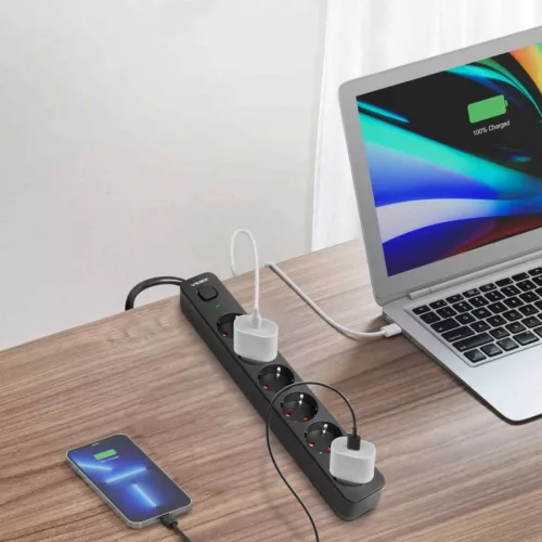 Oncord Professzionális 6-os Hosszabbító Kapcsolóval 3 Méter Kábel Fekete 230V Max. 3680W 16A IP20 – Videx