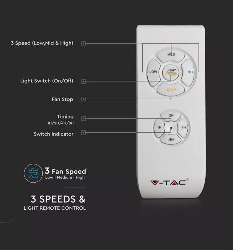 V-TAC mennyezeti ventilátor lámpa – 5 fa lapát – 2×E27 foglalat – távirányítóval