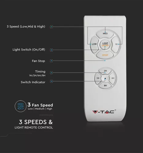 V-TAC mennyezeti ventilátor lámpa – 5 fa lapát – 2×E27 foglalat – távirányítóval