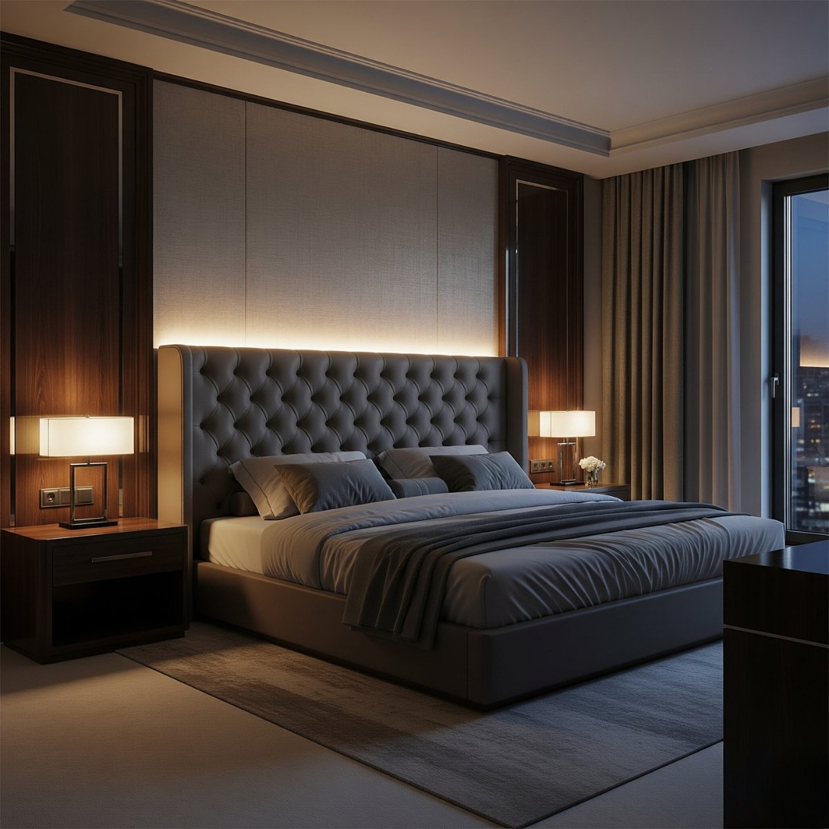 Luxus hálószoba rejtett, meleg fehér LED világítással az ágytámla mögött