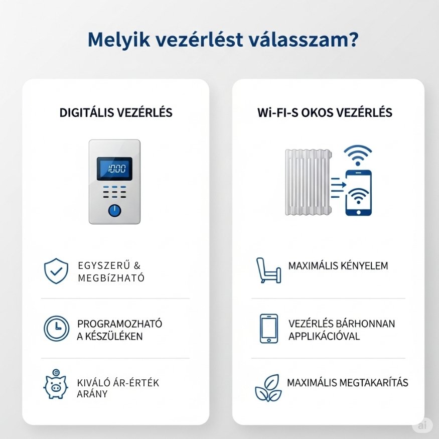 Infografika, ami összehasonlítja a digitális és a Wi-Fi-s okos elektromos fűtőpanelek előnyeit.