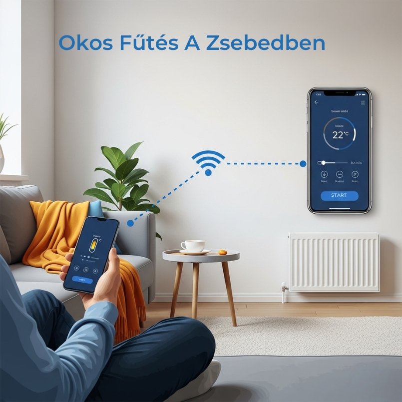 Infografika, ami bemutatja, hogyan lehet egy Wi-Fi-s okos fűtőpanelt a mobiltelefonról, távolról is vezérelni.