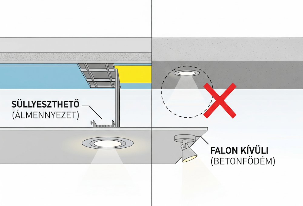 Infografika, ami bemutatja a különbséget a süllyesztett és a falon kívüli mennyezeti lámpa telepítése között.