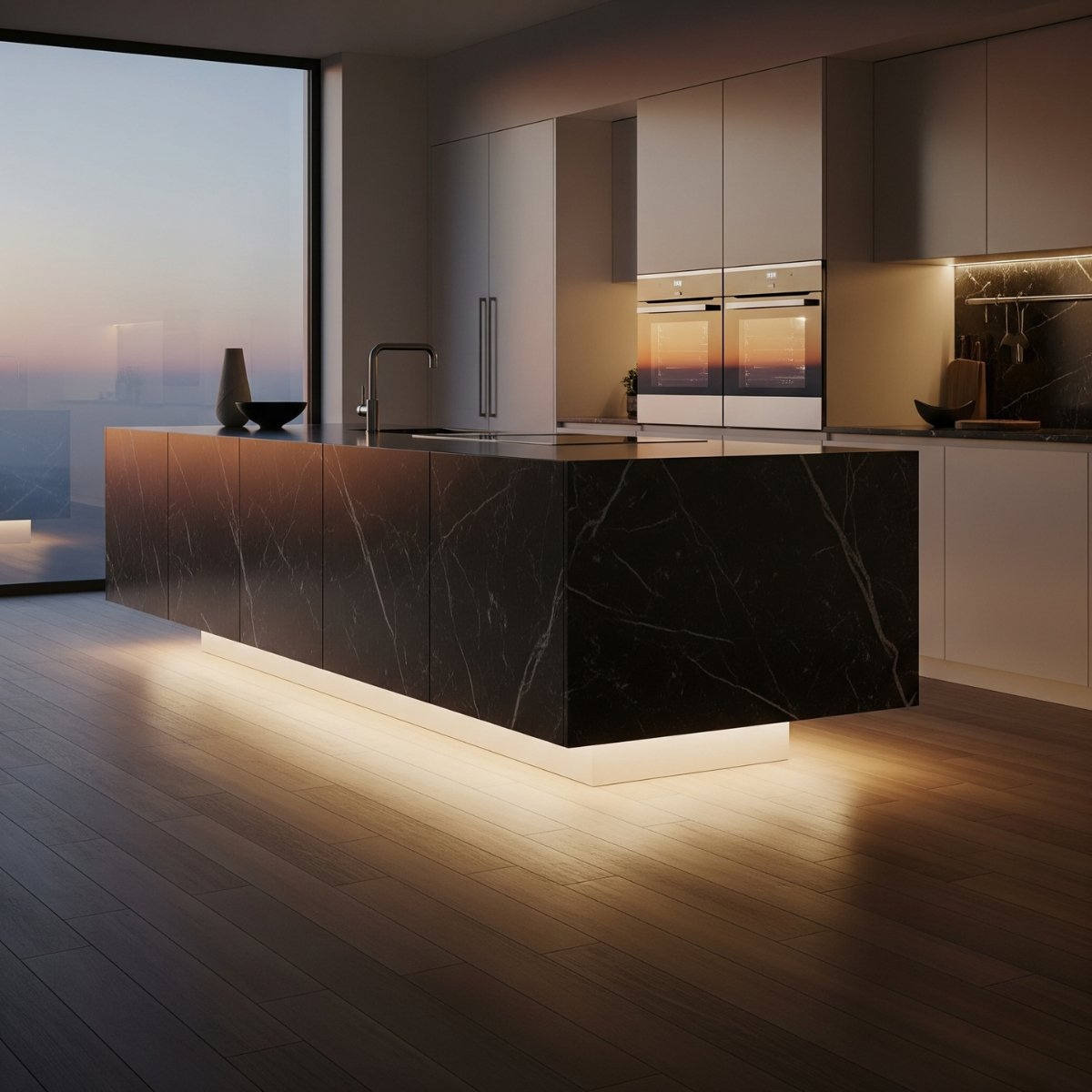 Homogén rejtett világítás egy modern konyhasziget alatt, COB LED szalaggal