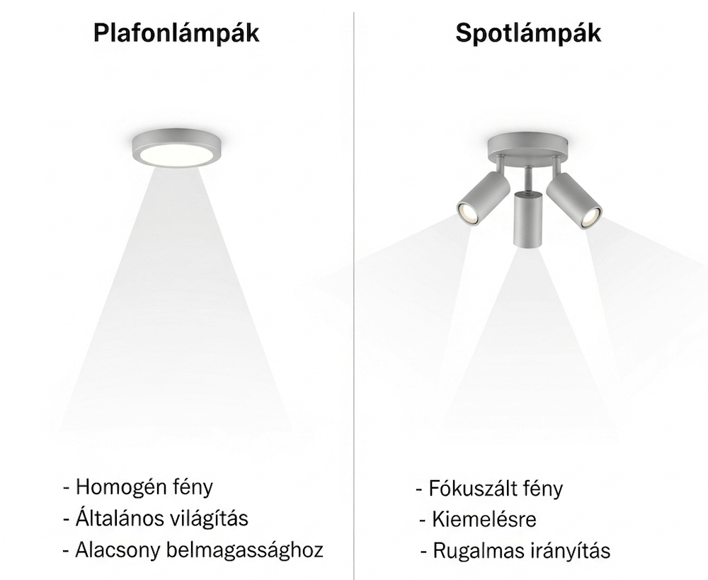 Plafonlámpa és spotlámpa összehasonlítása: infografika a homogén és a fókuszált mennyezeti világításról.