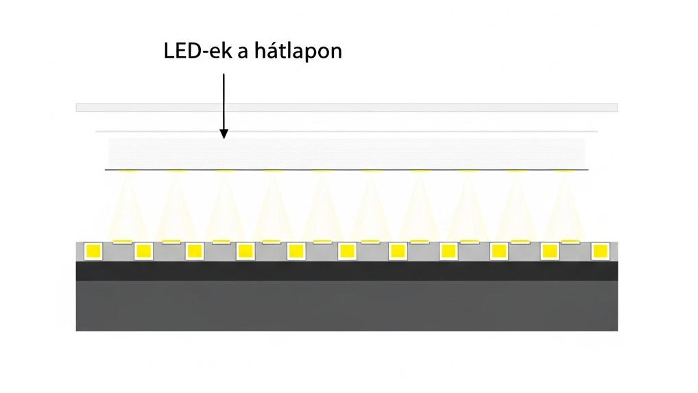 Infografika a hagyományos Backlit LED panelek felépítéséről és működéséről ami bemutatja a LED chipek helyzetét.